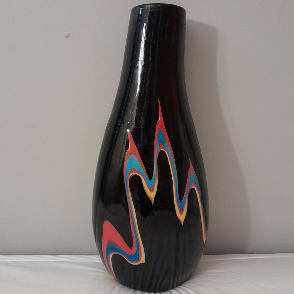 Large Azerbaijan Mottled Black Vintage Glass Vase with Flame Decoration 16”H